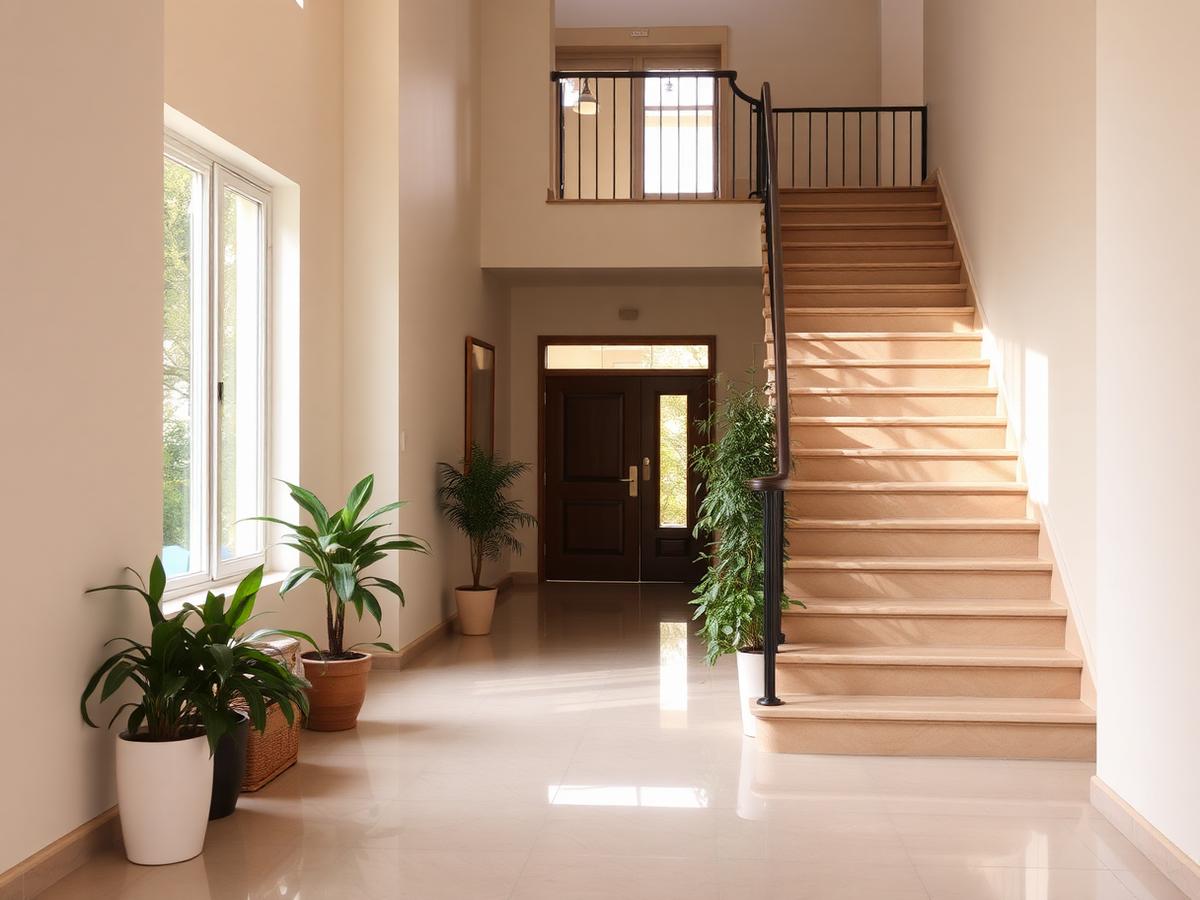 Clean, well-kept communal entrance and staircase in a residential building