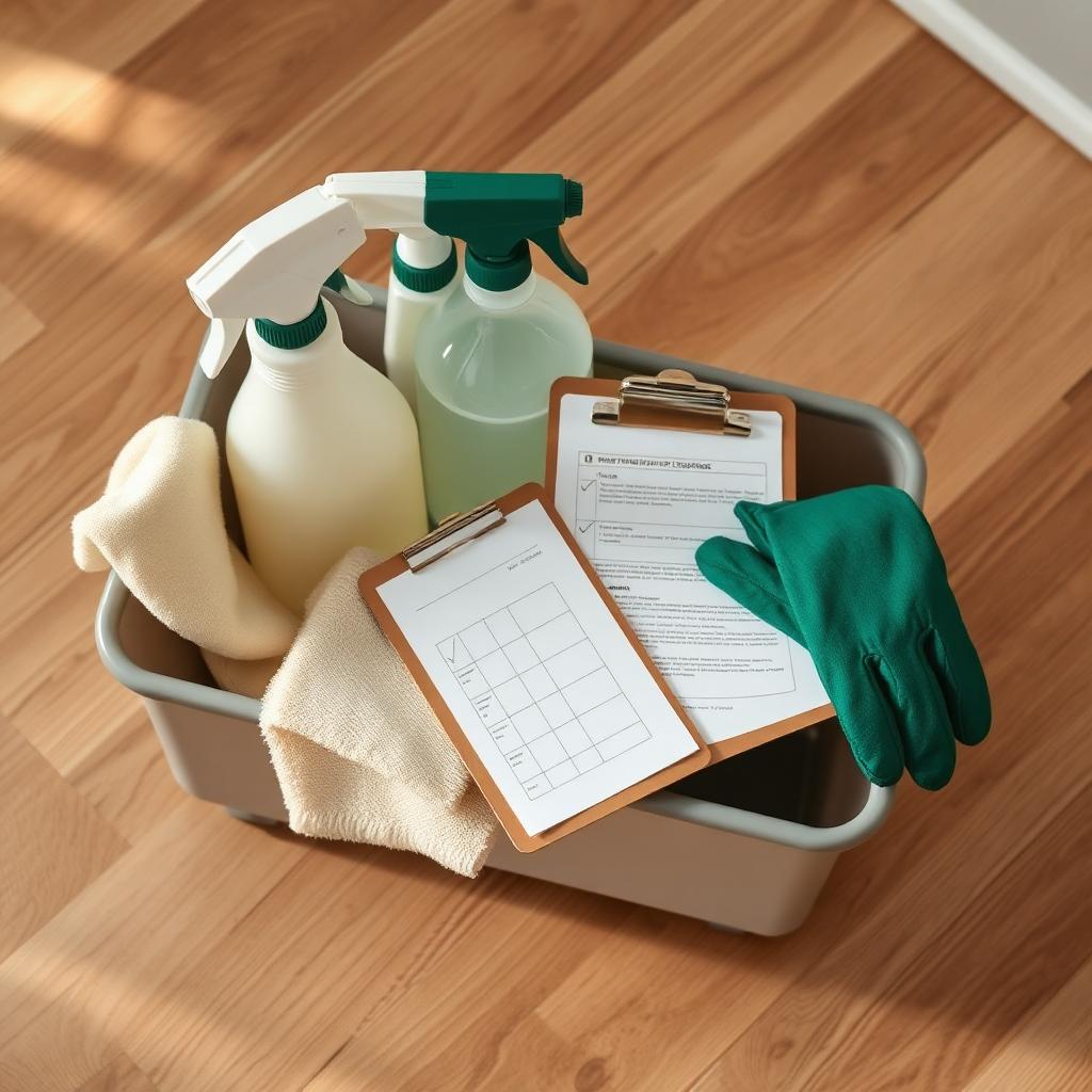 Verdenza cleaning caddy with eco-friendly products and checklist